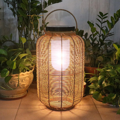 Traditional Japanese Solar Waterproof Weaving PE Rattan Acrylic Iron Cylindrical Lantern LED Landscape Lighting For Garden & Outdoor Patio