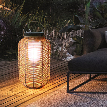 Traditional Japanese Solar Waterproof Weaving PE Rattan Acrylic Iron Cylindrical Lantern LED Landscape Lighting For Garden & Outdoor Patio