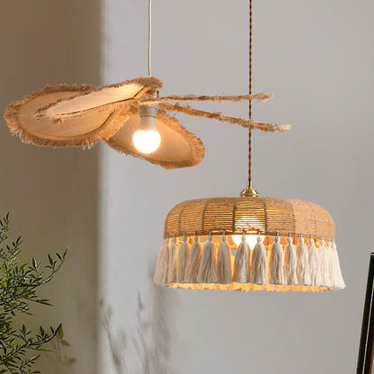 Contemporary Boho Weaving Rope Cotton Thread Dome Tassel 1-Light Pendant Light For Dining Room
