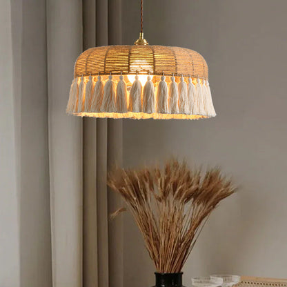 Contemporary Boho Weaving Rope Cotton Thread Dome Tassel 1-Light Pendant Light For Dining Room