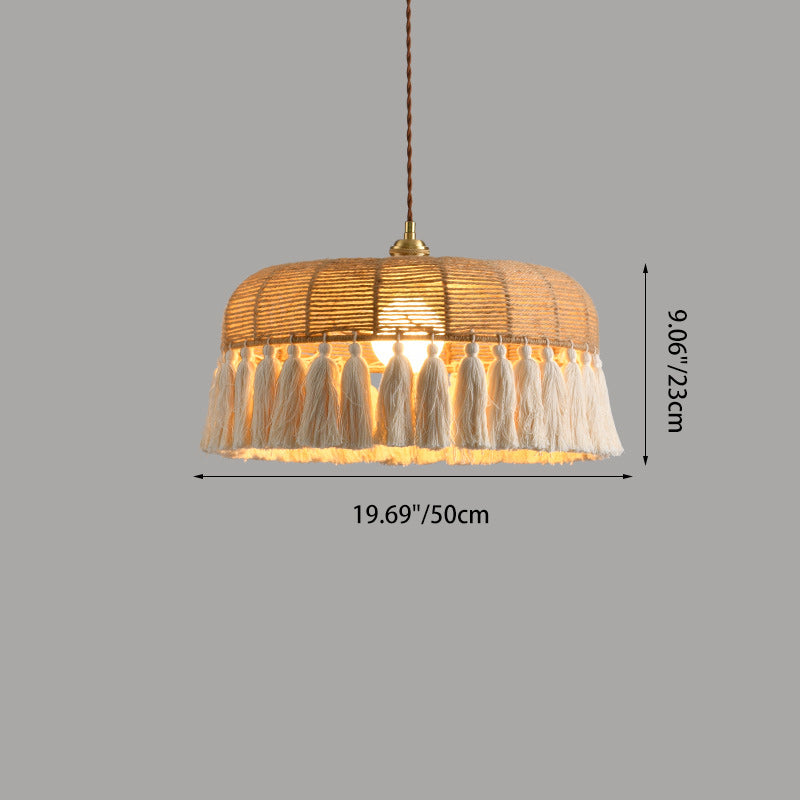 Contemporary Boho Weaving Rope Cotton Thread Dome Tassel 1-Light Pendant Light For Dining Room