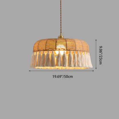 Contemporary Boho Weaving Rope Cotton Thread Dome Tassel 1-Light Pendant Light For Dining Room