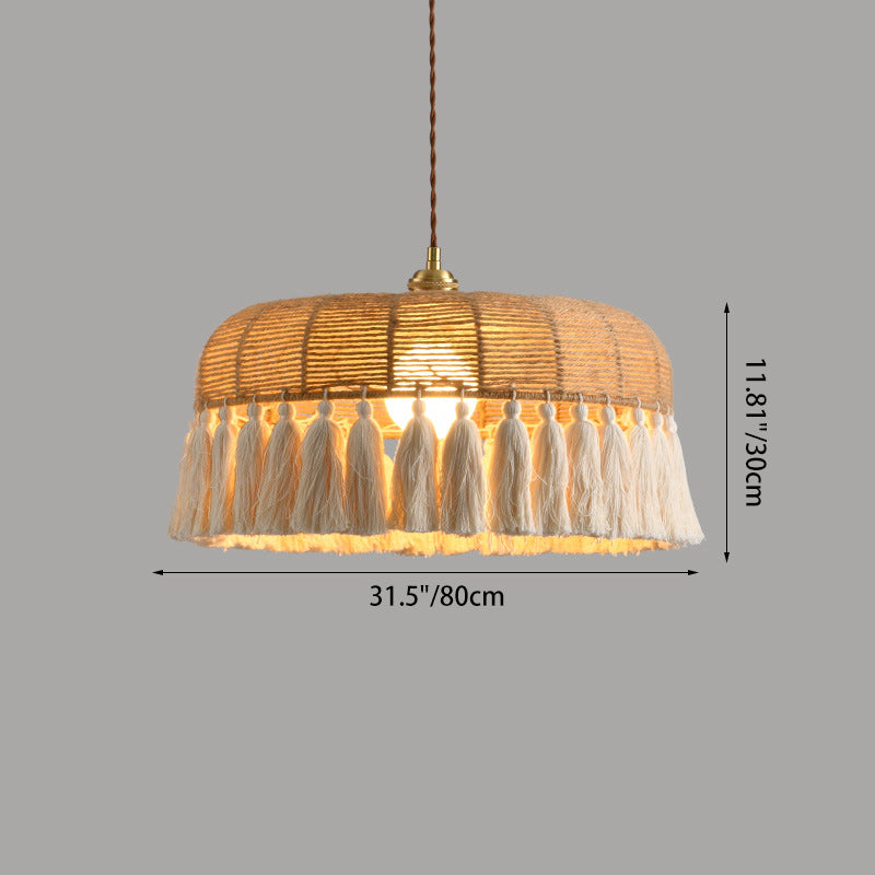 Contemporary Boho Weaving Rope Cotton Thread Dome Tassel 1-Light Pendant Light For Dining Room