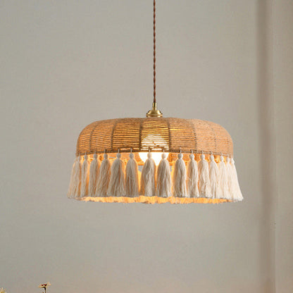 Contemporary Boho Weaving Rope Cotton Thread Dome Tassel 1-Light Pendant Light For Dining Room