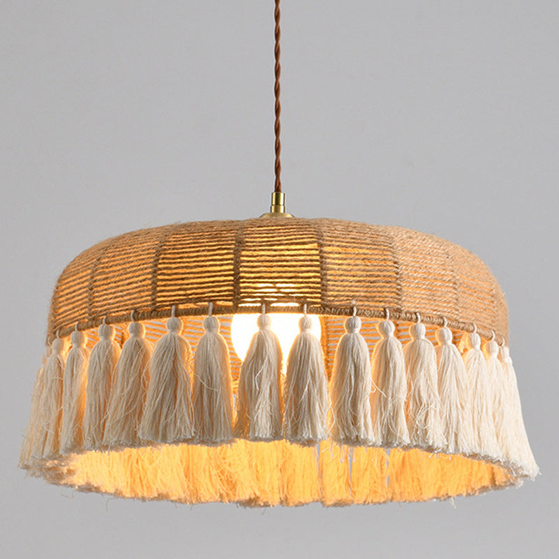Contemporary Boho Weaving Rope Cotton Thread Dome Tassel 1-Light Pendant Light For Dining Room