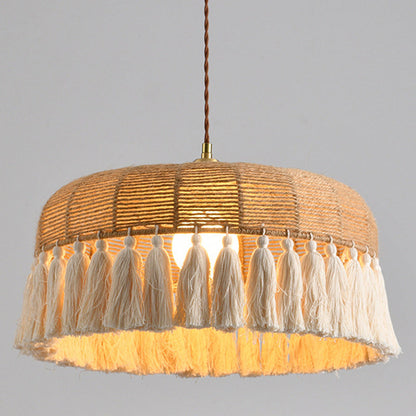 Contemporary Boho Weaving Rope Cotton Thread Dome Tassel 1-Light Pendant Light For Dining Room