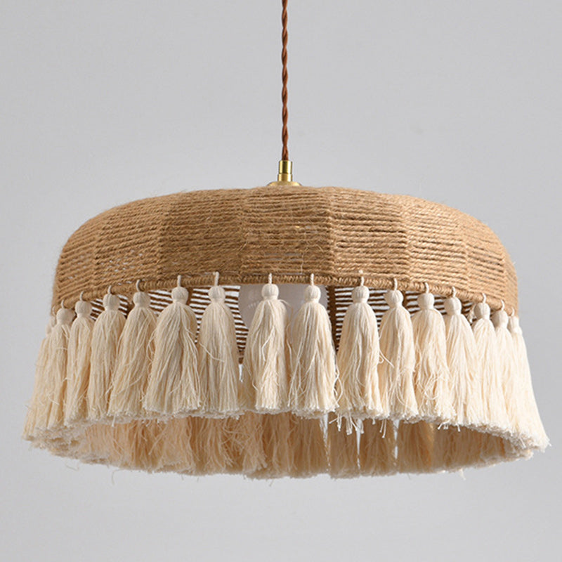 Contemporary Boho Weaving Rope Cotton Thread Dome Tassel 1-Light Pendant Light For Dining Room