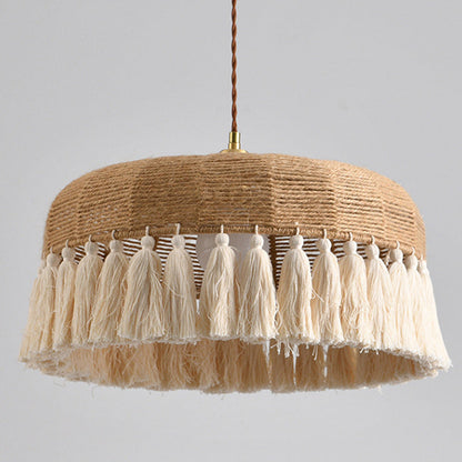 Contemporary Boho Weaving Rope Cotton Thread Dome Tassel 1-Light Pendant Light For Dining Room