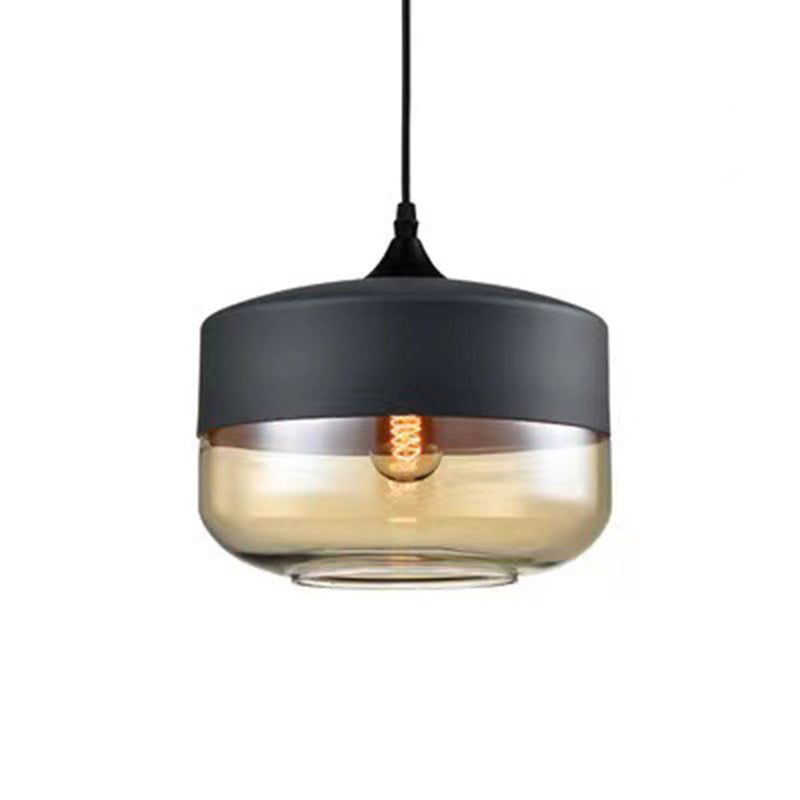 Contemporary Industrial Iron & Glass Barrel Cylinder Globe 1-Light Pendant Light For Dining Room