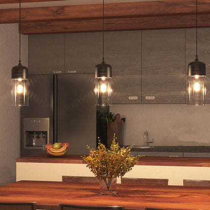 Contemporary Industrial Iron & Glass Barrel Cylinder Globe 1-Light Pendant Light For Dining Room