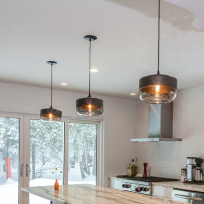 Contemporary Industrial Iron & Glass Barrel Cylinder Globe 1-Light Pendant Light For Dining Room