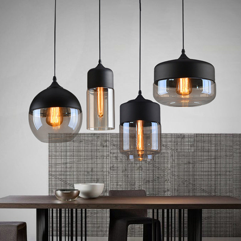 Contemporary Industrial Iron & Glass Barrel Cylinder Globe 1-Light Pendant Light For Dining Room