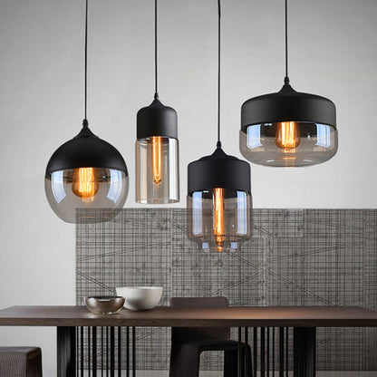 Contemporary Industrial Iron & Glass Barrel Cylinder Globe 1-Light Pendant Light For Dining Room