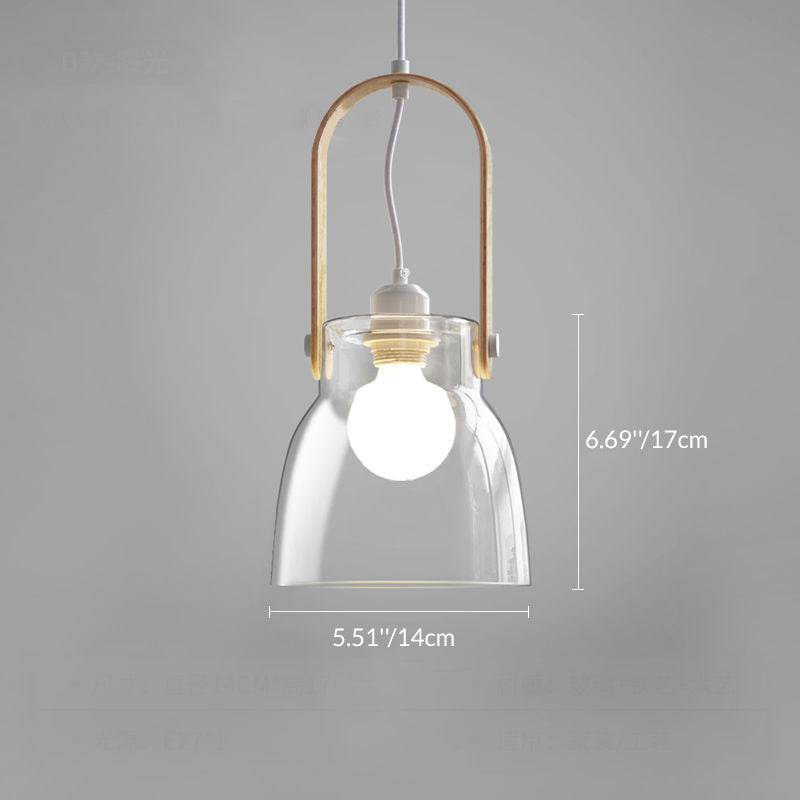 Contemporary Nordic Glass Wood Iron Round Bowl-Shaped 1-Light Pendant Light For Dining Room