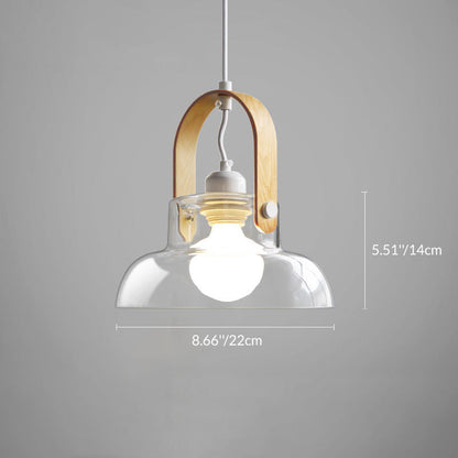 Contemporary Nordic Glass Wood Iron Round Bowl-Shaped 1-Light Pendant Light For Dining Room
