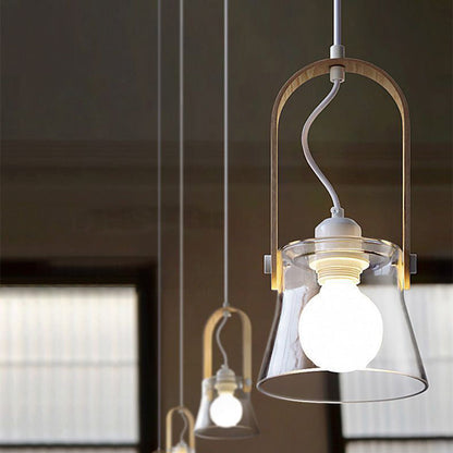 Contemporary Nordic Glass Wood Iron Round Bowl-Shaped 1-Light Pendant Light For Dining Room