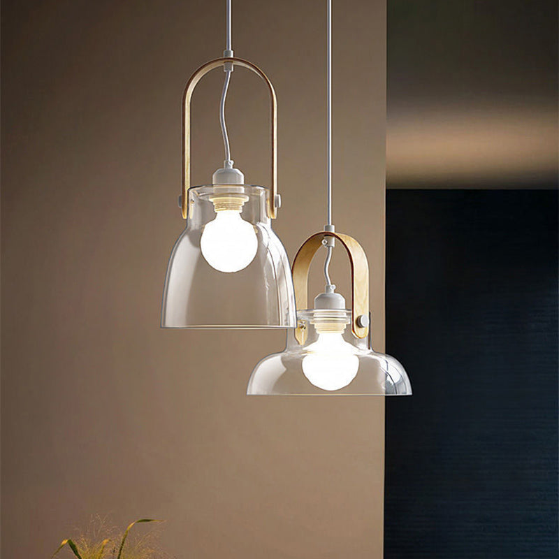 Contemporary Nordic Glass Wood Iron Round Bowl-Shaped 1-Light Pendant Light For Dining Room