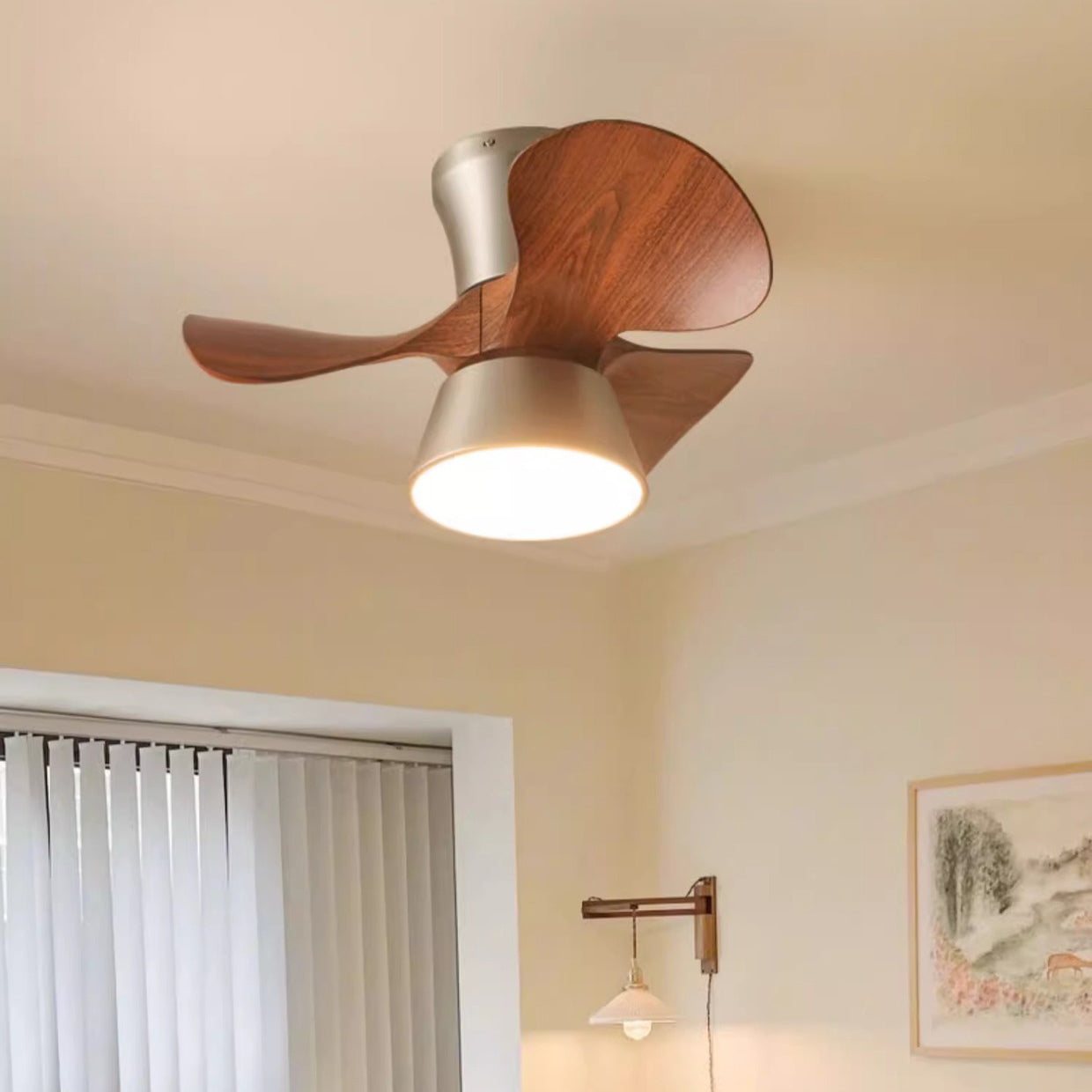 Modern Mid-Century Iron ABS Acrylic Round LED Semi-Flush Mount Ceiling Fan Light For Living Room & Bedroom