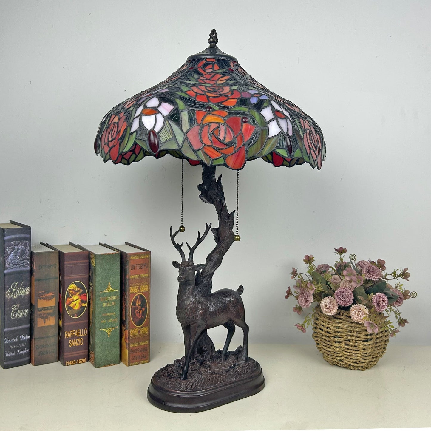 Traditional Tiffany Glass Iron Dome Deer Base Rose Flower 2-Light Table Lamp For Bedroom