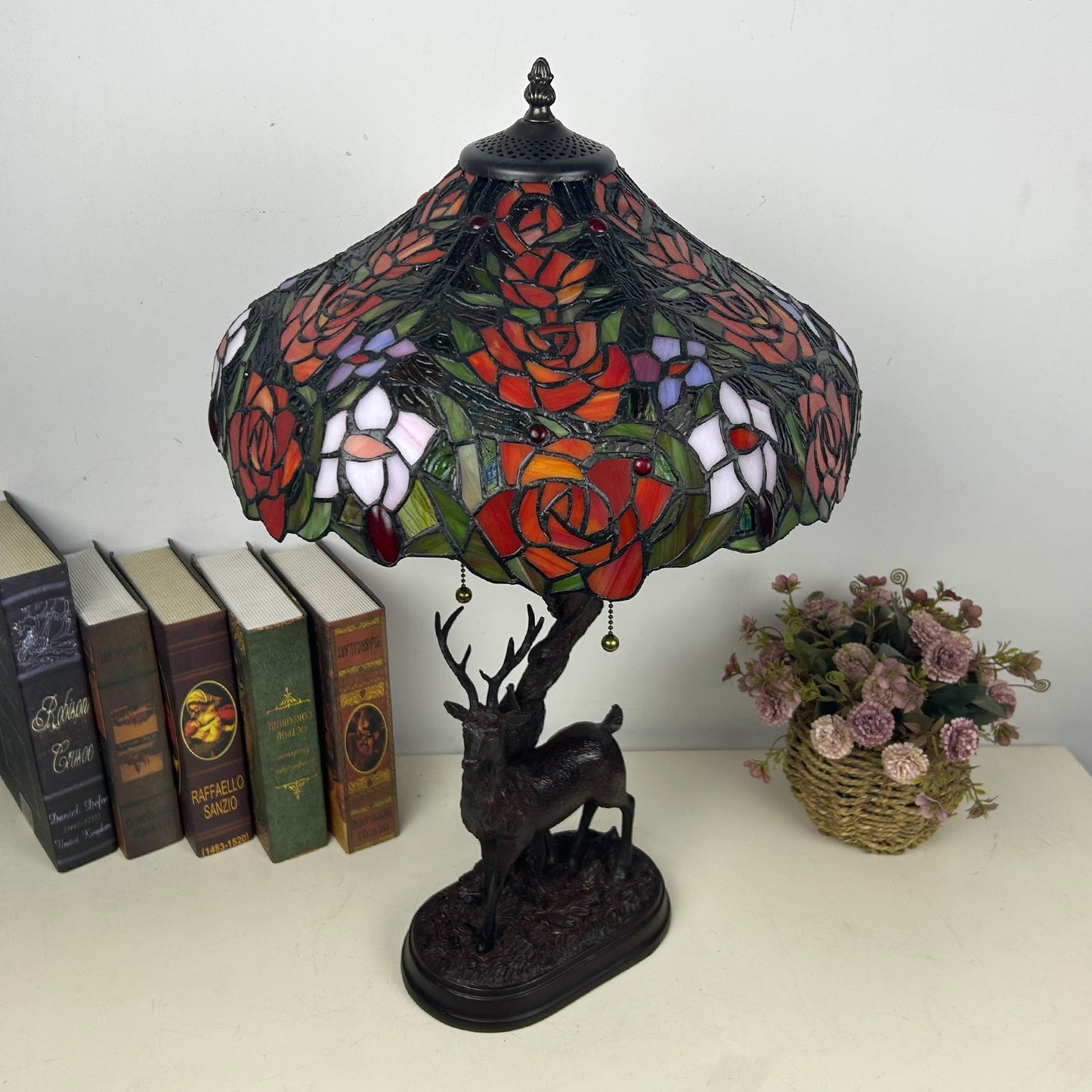 Traditional Tiffany Glass Iron Dome Deer Base Rose Flower 2-Light Table Lamp For Bedroom