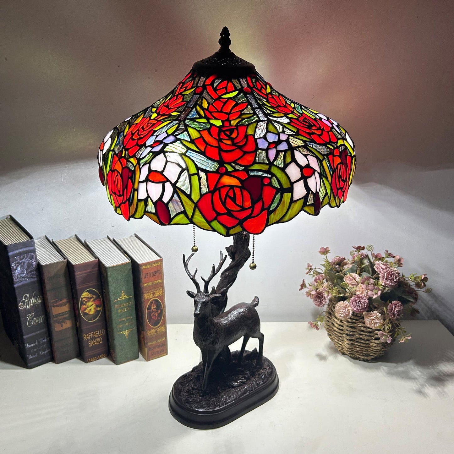 Traditional Tiffany Glass Iron Dome Deer Base Rose Flower 2-Light Table Lamp For Bedroom
