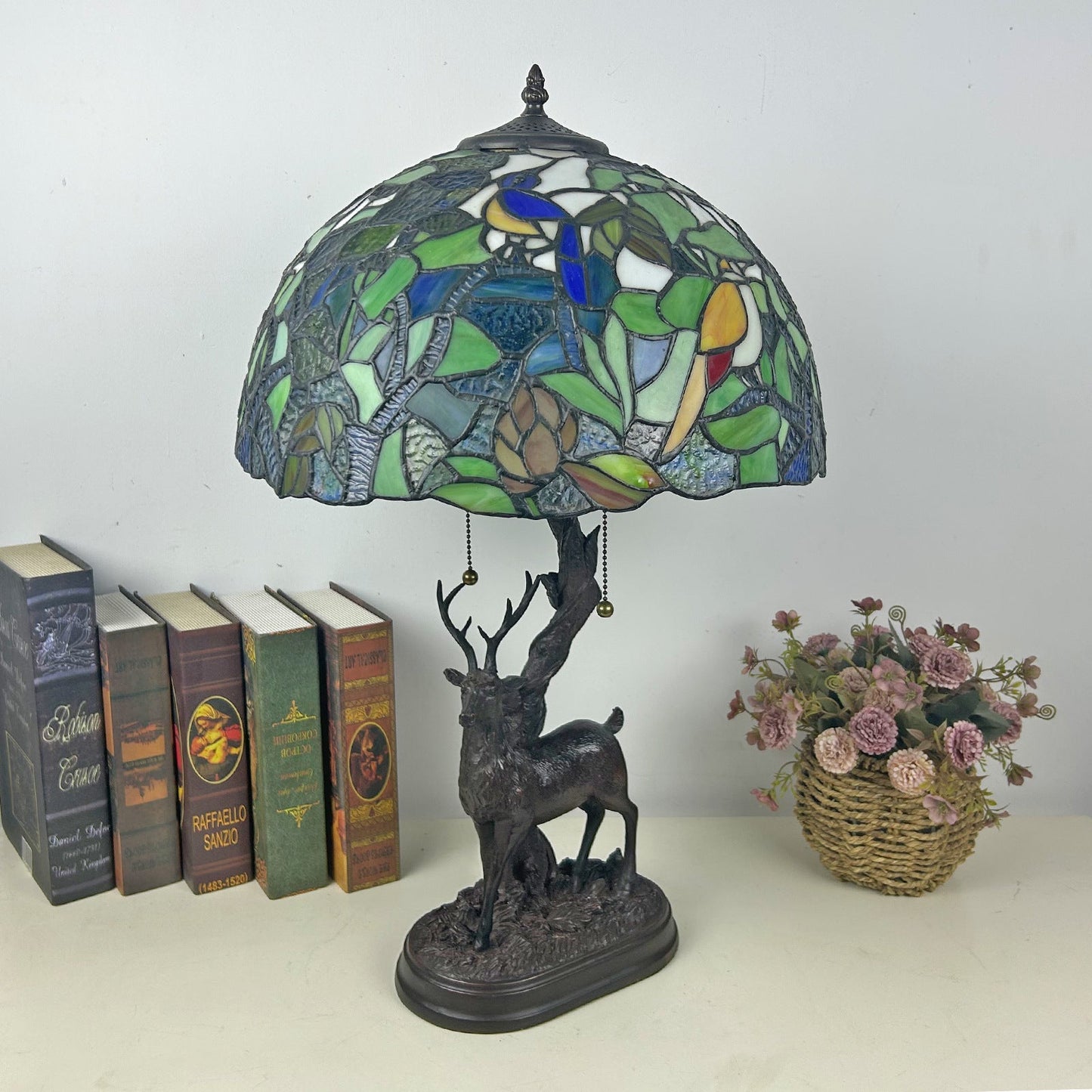 Traditional Tiffany Glass Iron Dome Deer Base Rose Flower 2-Light Table Lamp For Bedroom