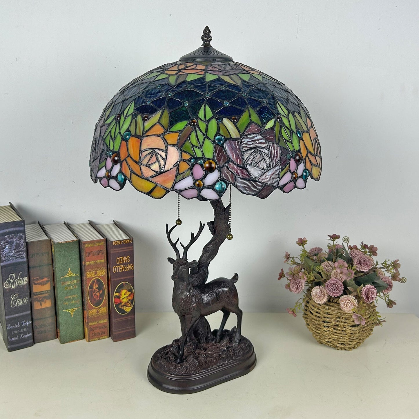 Traditional Tiffany Glass Iron Dome Deer Base Rose Flower 2-Light Table Lamp For Bedroom