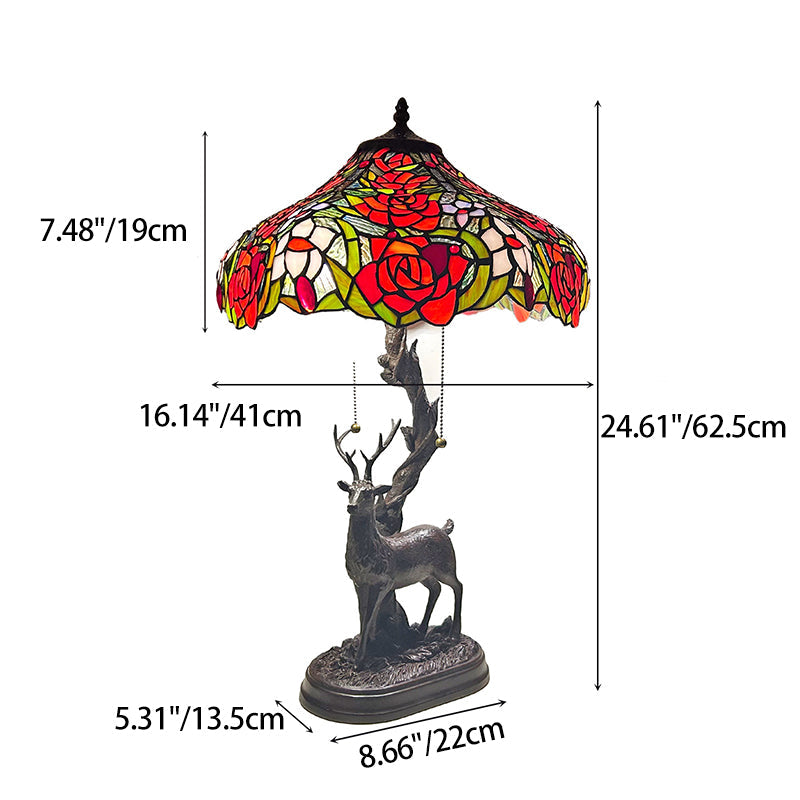 Traditional Tiffany Glass Iron Dome Deer Base Rose Flower 2-Light Table Lamp For Bedroom