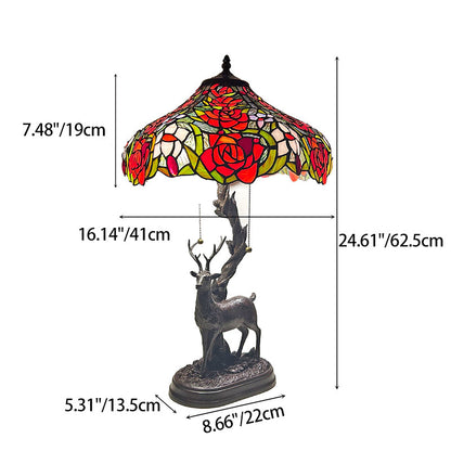 Traditional Tiffany Glass Iron Dome Deer Base Rose Flower 2-Light Table Lamp For Bedroom