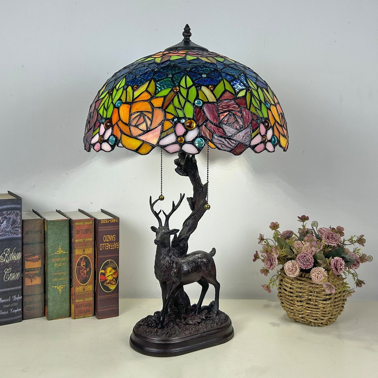 Traditional Tiffany Glass Iron Dome Deer Base Rose Flower 2-Light Table Lamp For Bedroom