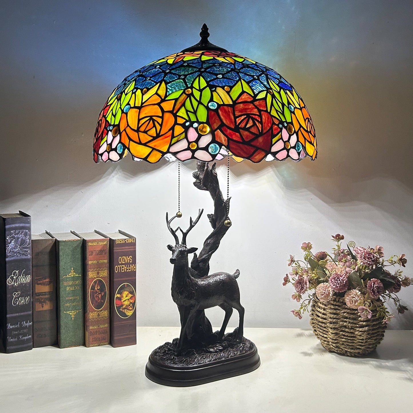 Traditional Tiffany Glass Iron Dome Deer Base Rose Flower 2-Light Table Lamp For Bedroom