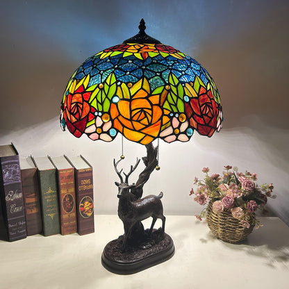 Traditional Tiffany Glass Iron Dome Deer Base Rose Flower 2-Light Table Lamp For Bedroom