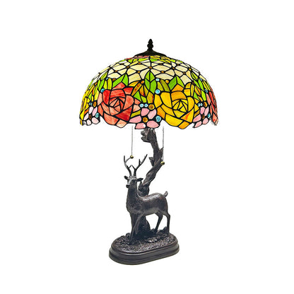 Traditional Tiffany Glass Iron Dome Deer Base Rose Flower 2-Light Table Lamp For Bedroom