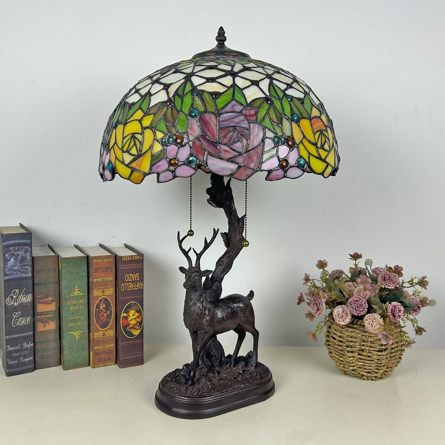 Traditional Tiffany Glass Iron Dome Deer Base Rose Flower 2-Light Table Lamp For Bedroom