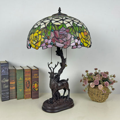 Traditional Tiffany Glass Iron Dome Deer Base Rose Flower 2-Light Table Lamp For Bedroom