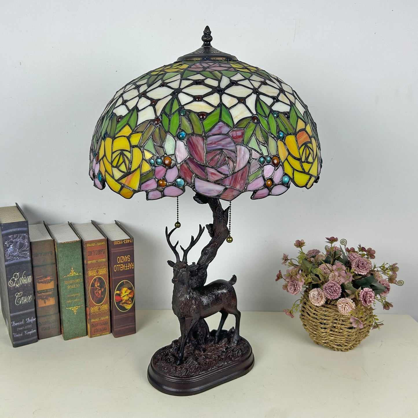 Traditional Tiffany Glass Iron Dome Deer Base Rose Flower 2-Light Table Lamp For Bedroom