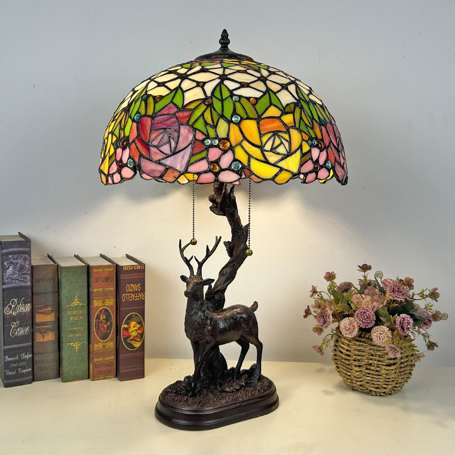 Traditional Tiffany Glass Iron Dome Deer Base Rose Flower 2-Light Table Lamp For Bedroom