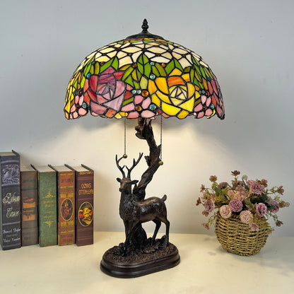 Traditional Tiffany Glass Iron Dome Deer Base Rose Flower 2-Light Table Lamp For Bedroom