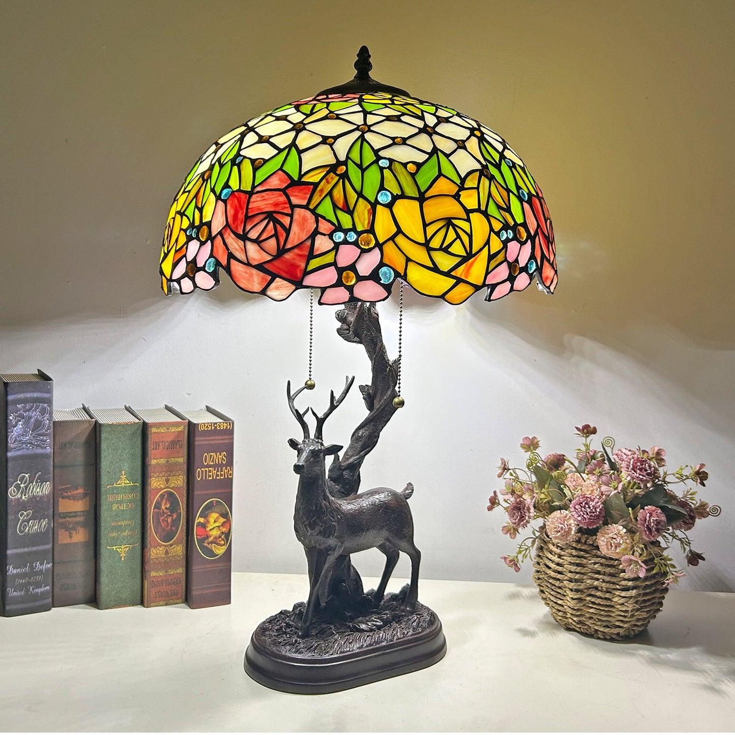 Traditional Tiffany Glass Iron Dome Deer Base Rose Flower 2-Light Table Lamp For Bedroom