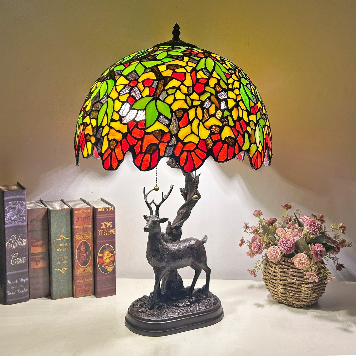 Traditional Tiffany Glass Iron Dome Deer Base Rose Flower 2-Light Table Lamp For Bedroom