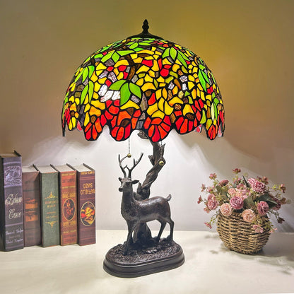 Traditional Tiffany Glass Iron Dome Deer Base Rose Flower 2-Light Table Lamp For Bedroom
