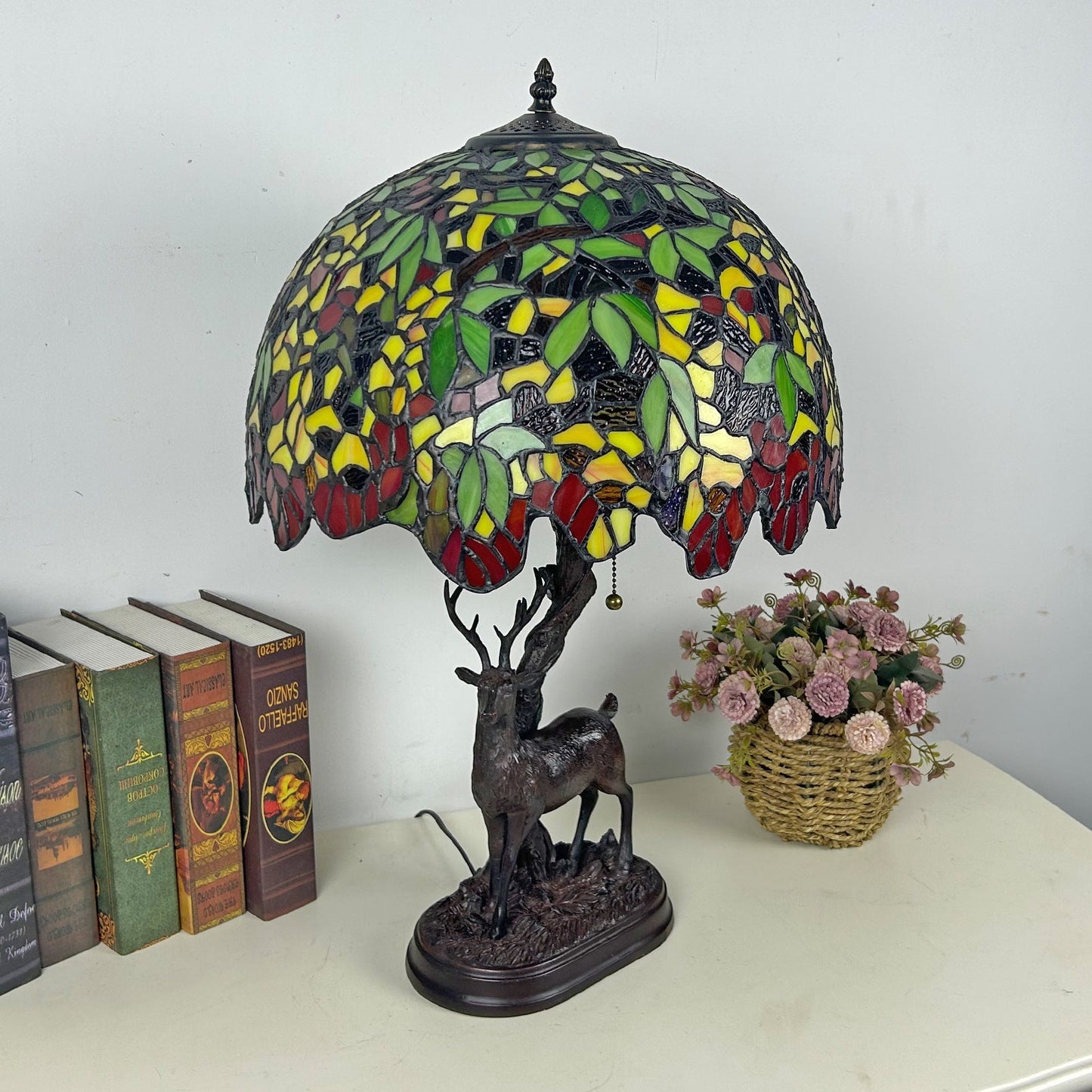 Traditional Tiffany Glass Iron Dome Deer Base Rose Flower 2-Light Table Lamp For Bedroom