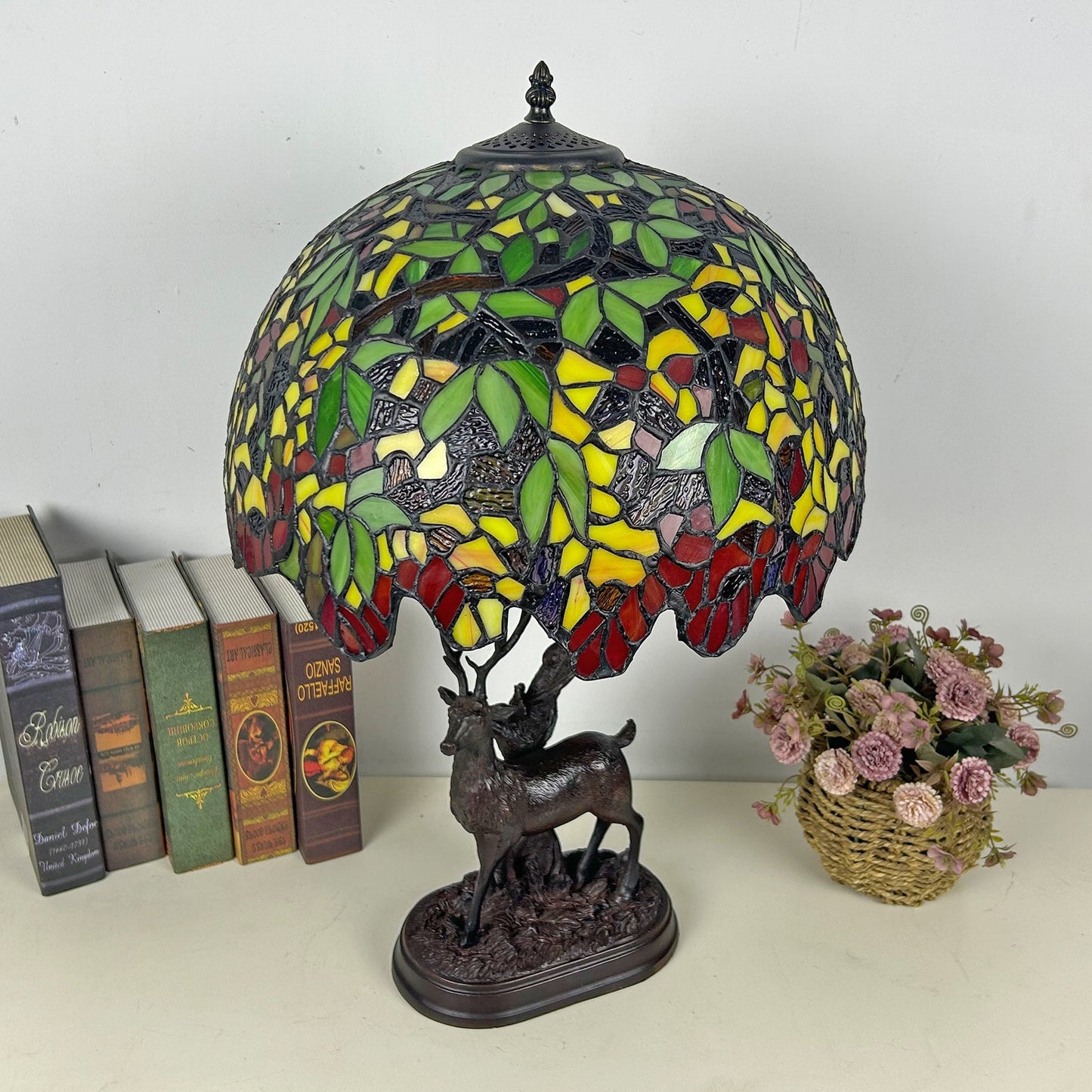 Traditional Tiffany Glass Iron Dome Deer Base Rose Flower 2-Light Table Lamp For Bedroom