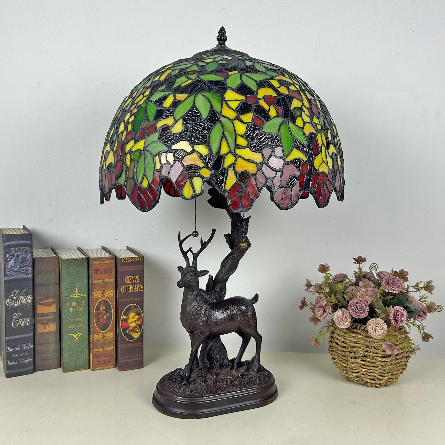 Traditional Tiffany Glass Iron Dome Deer Base Rose Flower 2-Light Table Lamp For Bedroom