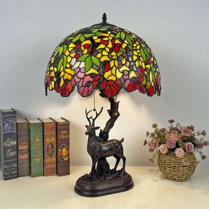 Traditional Tiffany Glass Iron Dome Deer Base Rose Flower 2-Light Table Lamp For Bedroom