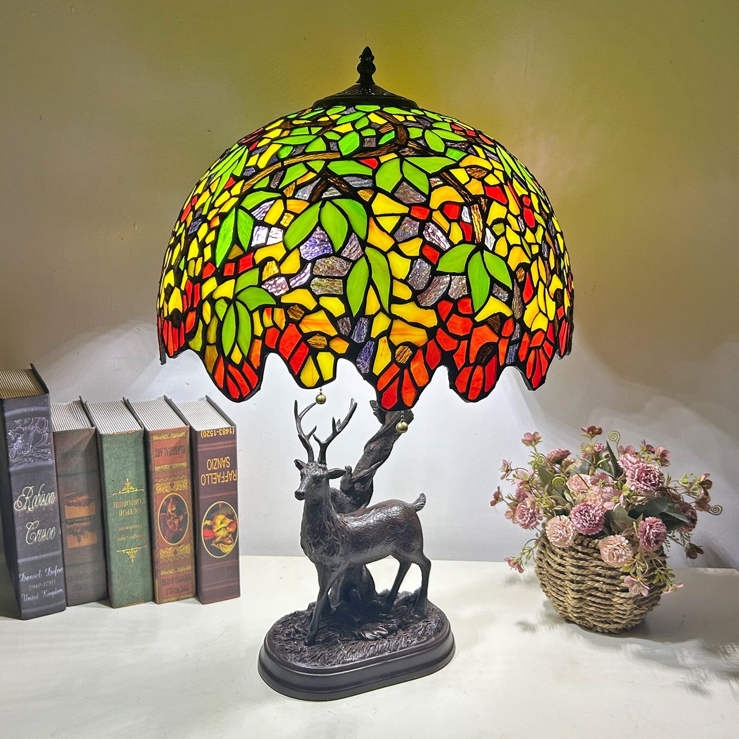 Traditional Tiffany Glass Iron Dome Deer Base Rose Flower 2-Light Table Lamp For Bedroom