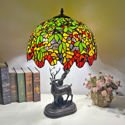 Traditional Tiffany Glass Iron Dome Deer Base Rose Flower 2-Light Table Lamp For Bedroom