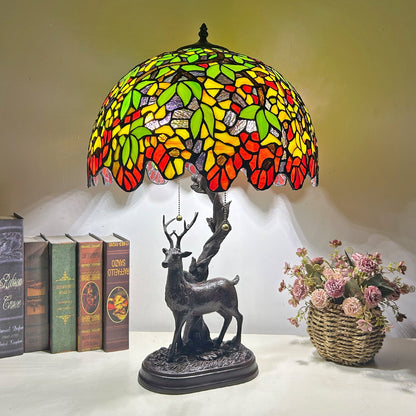 Traditional Tiffany Glass Iron Dome Deer Base Rose Flower 2-Light Table Lamp For Bedroom