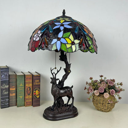 Traditional Tiffany Glass Iron Dome Deer Base Rose Flower 2-Light Table Lamp For Bedroom