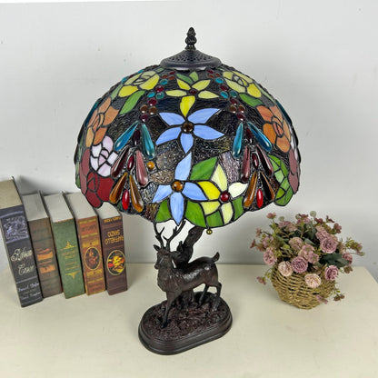Traditional Tiffany Glass Iron Dome Deer Base Rose Flower 2-Light Table Lamp For Bedroom